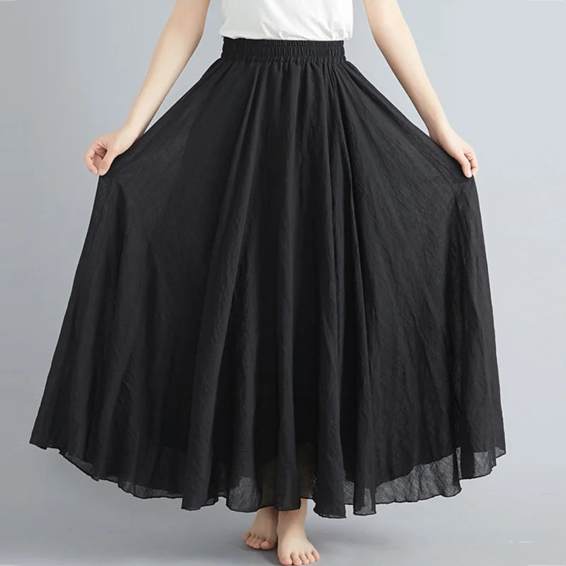 Women Loose Cotton Linen Elastic Waist A-line Solid Color Pleated Skirt