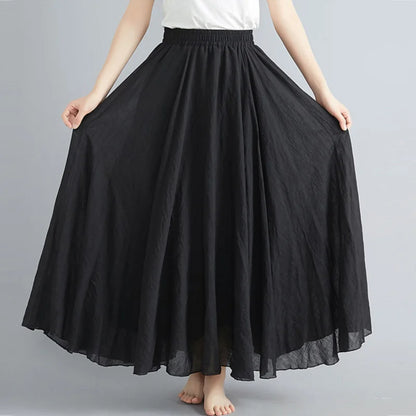 Women Loose Cotton Linen Elastic Waist A-line Solid Color Pleated Skirt