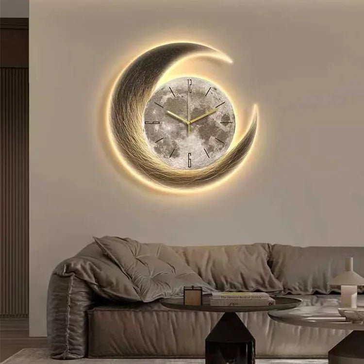 Modern Luxury Wall Clock with Night Light – Moon Design Decorative Clock for Living Room, Dining Room, and Home Decor