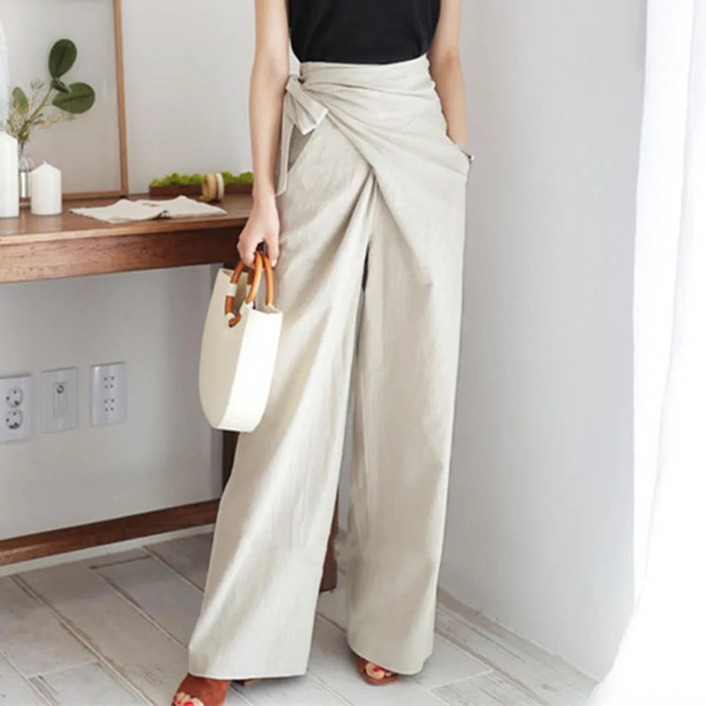 Women's Casual High-Waist Lace-Up Wide-Leg Pants - Solid Color, Loose Fit