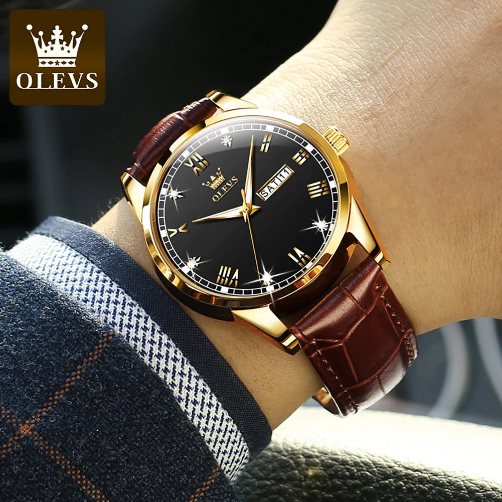 OLEVS 6896 Genuine Leather Quartz Watch – Waterproof Unisex Design with Stylish Dial for Men and Women
