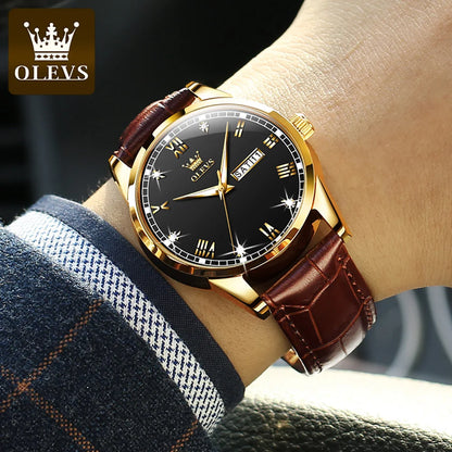 OLEVS 6896 Genuine Leather Strap, Quartz Movement, Waterproof Design