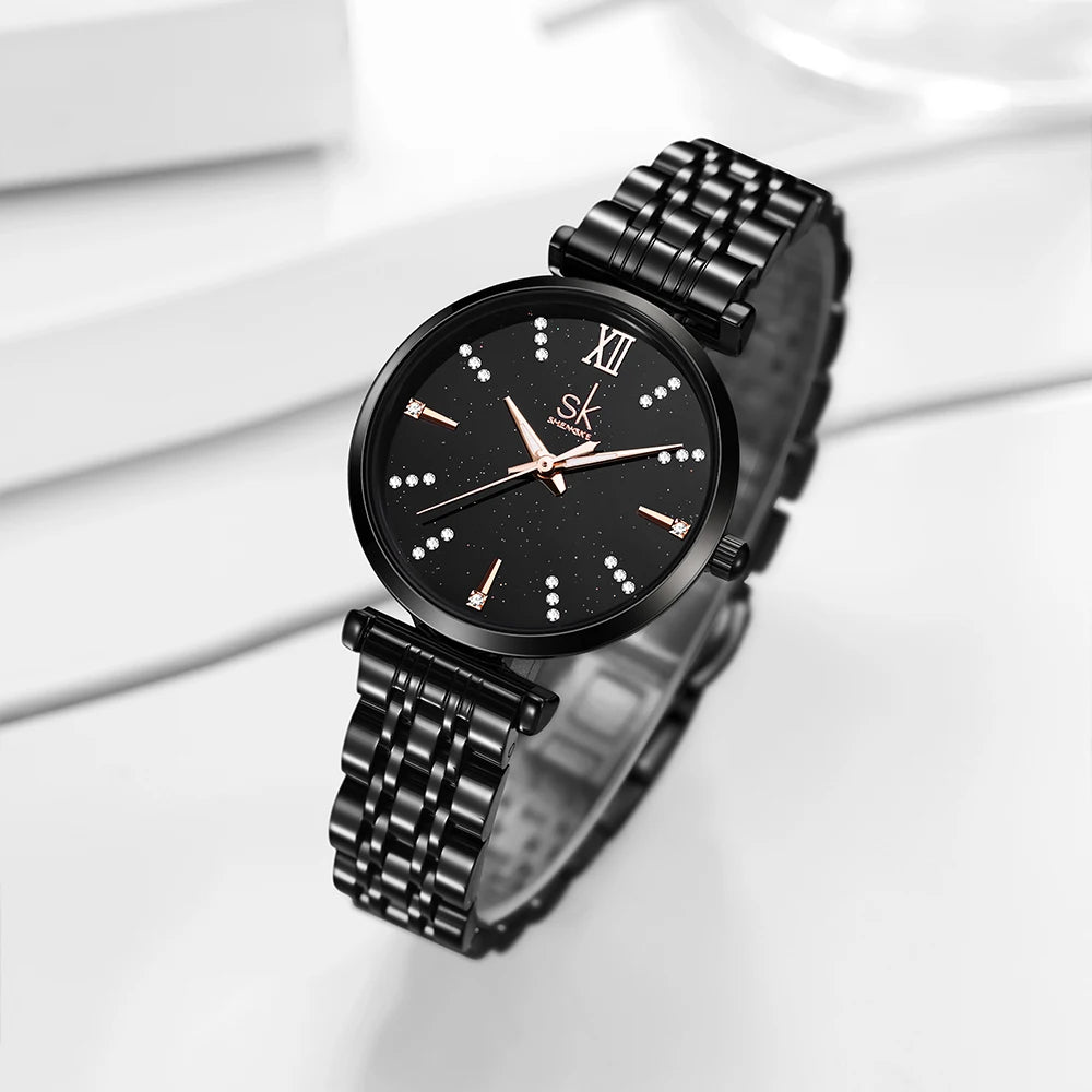 Shengke Women’s Stainless Steel Watch – Black Waterproof Quartz Wristwatch for Easy Matching Prudence