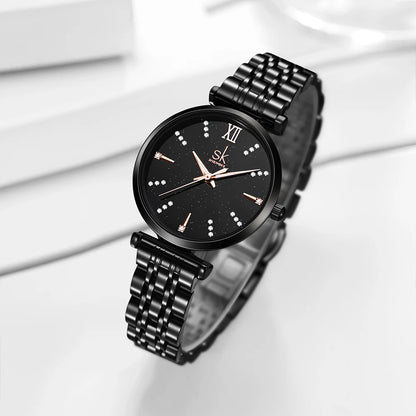 Shengke Women’s Stainless Steel Watch – Black Waterproof Quartz Wristwatch for Easy Matching Prudence