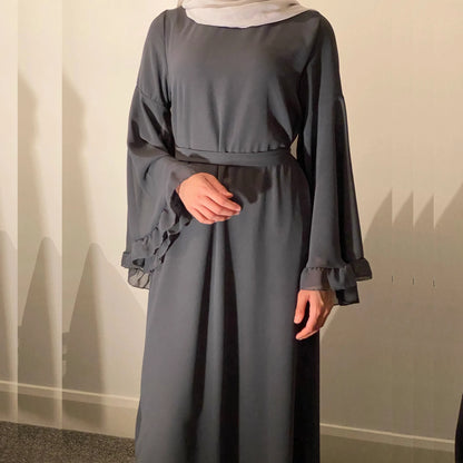 Chiffon Abaya with Ruffled Sleeves – Modest Islamic Clothing for Women | Turkey & Dubai Style Muslim Dress Samira