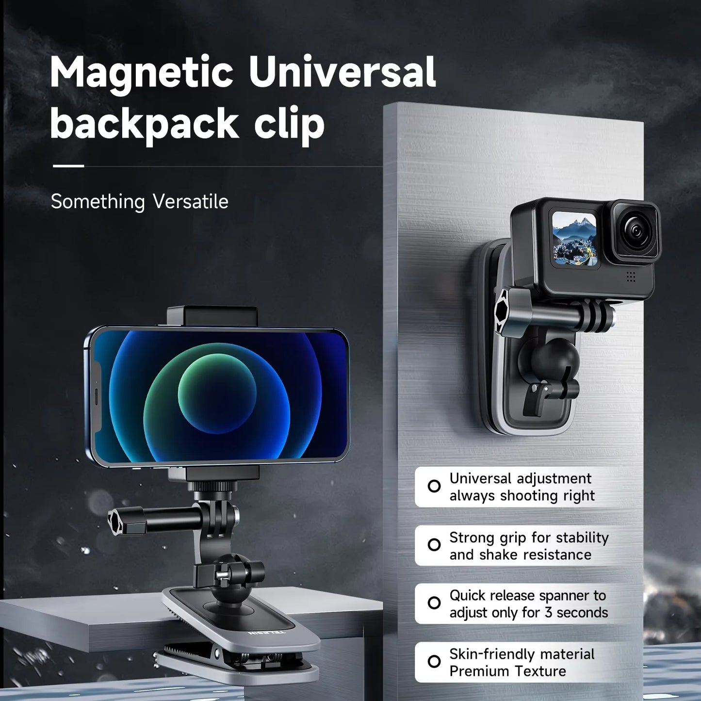 TELESIN 360° Rotating Magnetic Backpack Clip Mount | Clamp Holder for GoPro Hero 12-6, Insta360, DJI Action Cameras