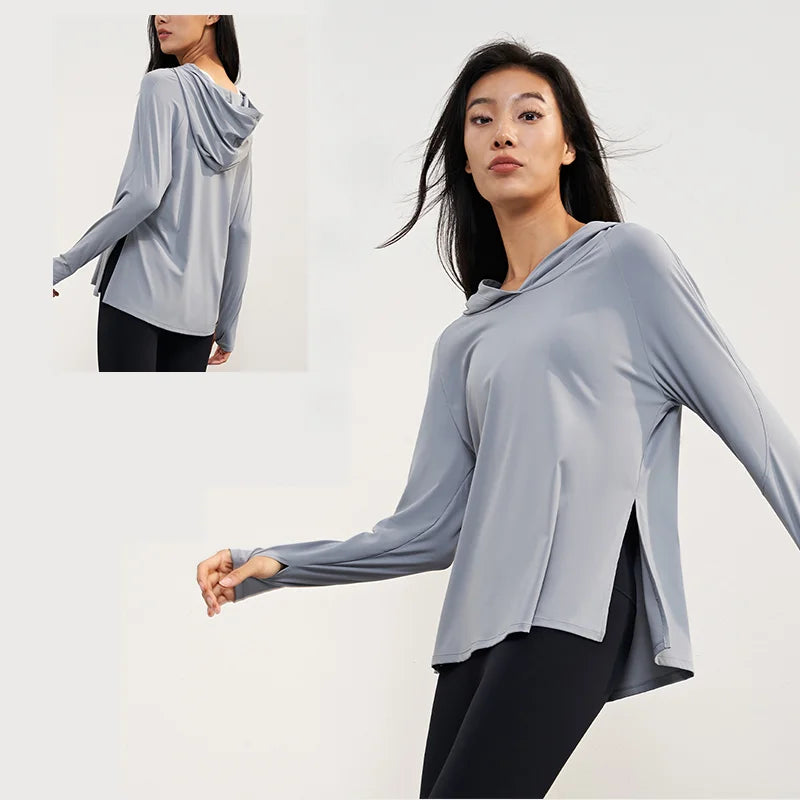Women's Nude Feeling Workout Top | Split Hem Long Sleeve Hooded Yoga Shirt