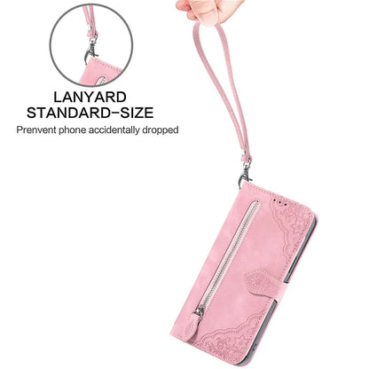 Luxury PU Leather Wallet Phone Case | Zipper Card Holder with Butterfly Flower Design & Strap for iPhone 16, 15, 14 Pro and Samsung