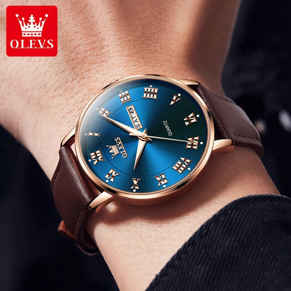 OLEVS 2920 Luxury Custom Logo Quartz Watch – Waterproof Genuine Leather Wristwatch with Luminous Design for Men