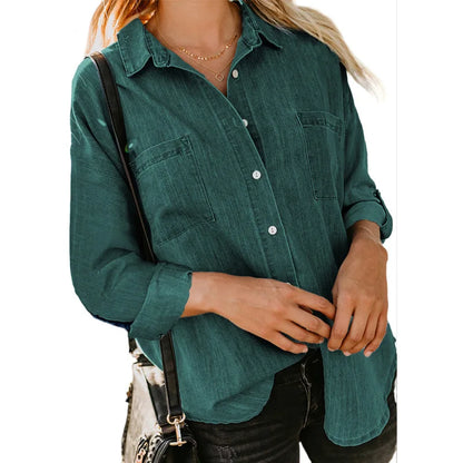 Women Denim Shirt Loose Double Pocket Long Pure Color Sleeve Versatile Shirt