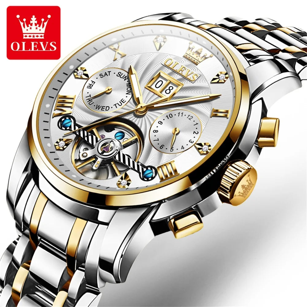 OLEVS 9910 Men's Luxury Tourbillon Watch - Automatic Mechanical, Stainless Steel Strap, Waterproof, Luminous Dial, Auto Date Display, Business Style