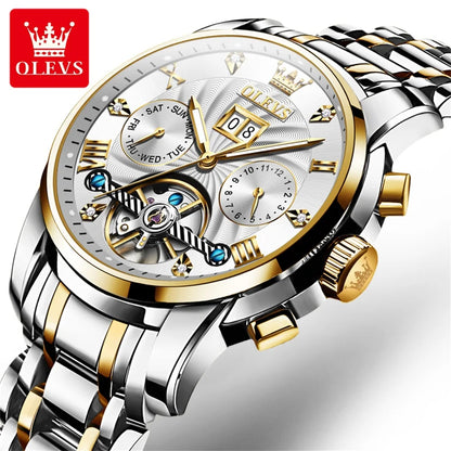 OLEVS 9910 Men's Luxury Tourbillon Watch - Automatic Mechanical, Stainless Steel Strap, Waterproof, Luminous Dial, Auto Date Display, Business Style