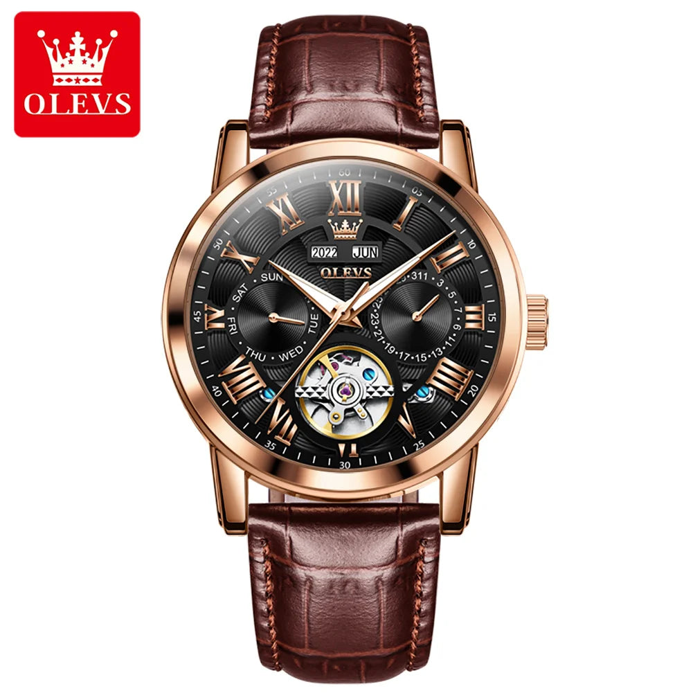 OLEVS 6668 Men's Mechanical Watch - Luxury Business Wristwatch with Genuine Leather Band, Waterproof and Luminous Design