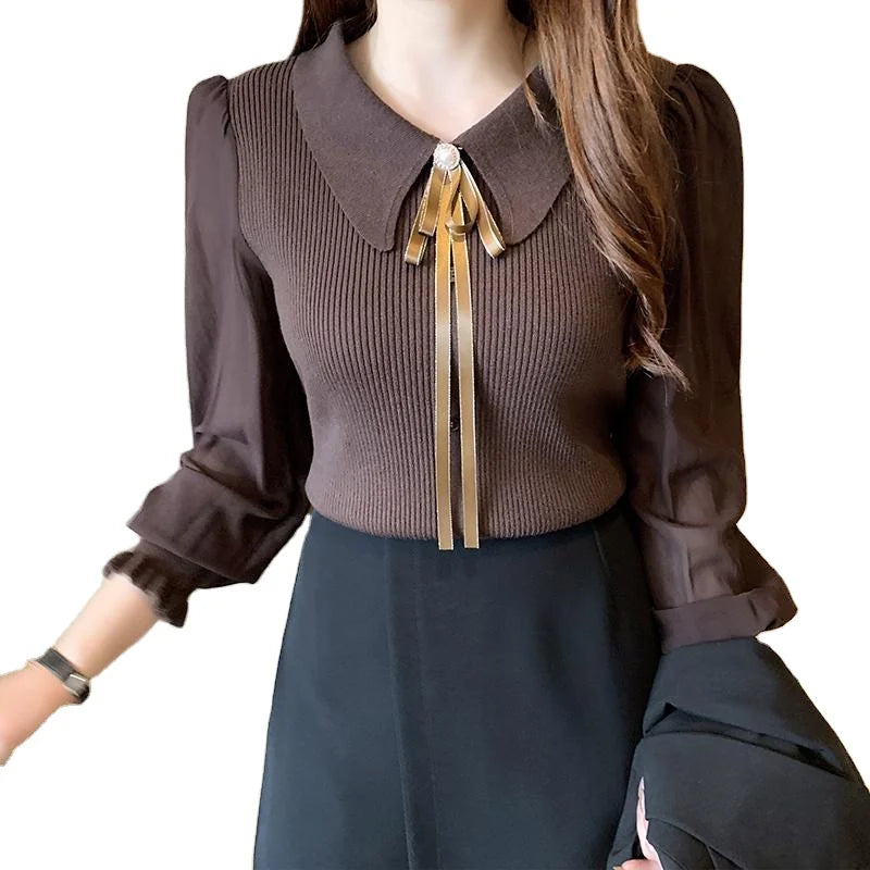 Women's Knitted Pullover – Long Puff Sleeve Doll Collar Spring Sweater with Lapel Ribbon Daiy