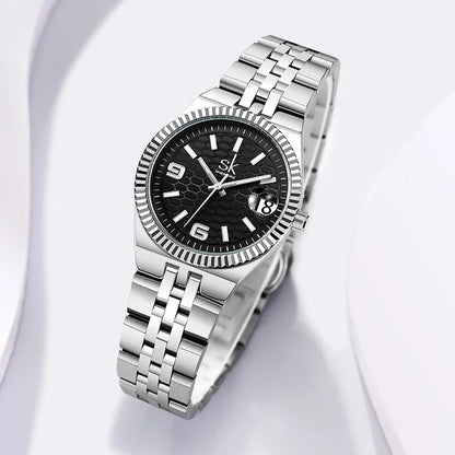 SK Popular Design Women’s Quartz Watch – Luxury Stainless Steel Band Wristwatch, Waterproof Fashion Ladies Timepiece Lysandra