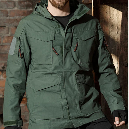 Men’s Safari Hoodie Sports Coat – M65 Tactical Multi‑Pocket Waterproof Windbreaker Jacket for Hiking, Camping & Outdoor Activities