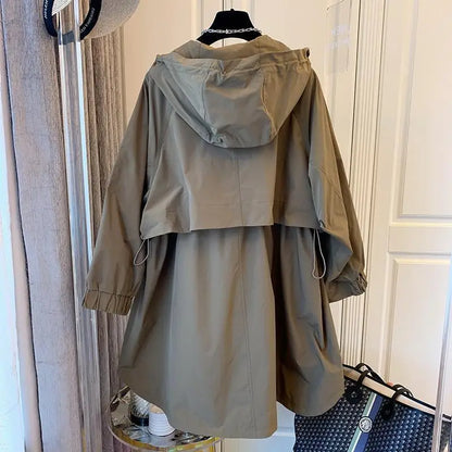 Casual Spring Cotton Hooded Windbreaker with Pockets – Solid Color Long Sleeve Women's Trench Coat Egwene