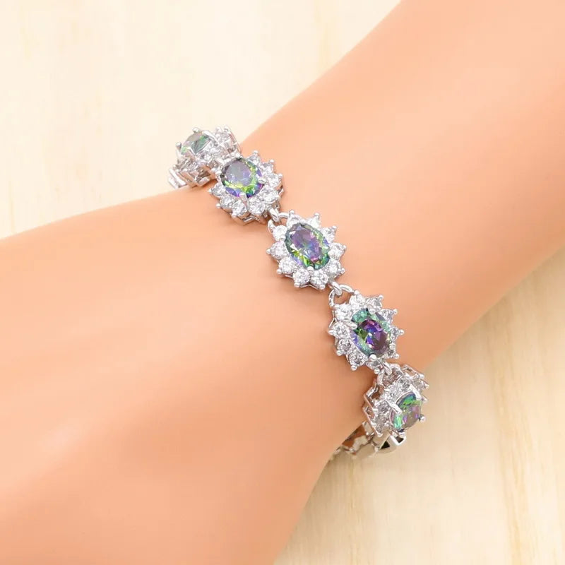 Trendy 925 Sterling Silver Jewelry Set – Luxury Rainbow Cubic Zircon Earrings & Pendant Necklace | Classic Bridal Wedding & Party Design Lucille