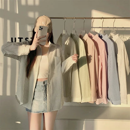 Women's Striped Loose Shirt | Retro Korean Casual Long Sleeve Blouse Rachel