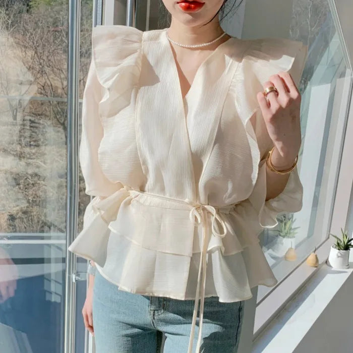 Spring and Summer Women's V-Neck Blouse – Tie Ruffle Design, Flared Sleeves, Solid Color