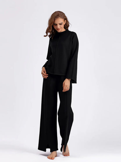 Women's Knitted Loose-Fit Pullover Sweater & Wide-Leg Pants Set – Solid Color, Casual Knitwear for Home and Lounge Ashlyn