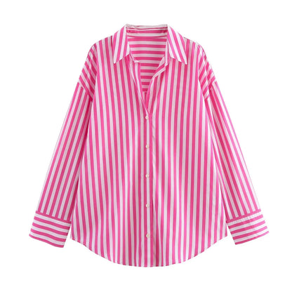 Women's Striped Poplin Lapel Shirt - Spring Fashion Long Sleeve Top Anika