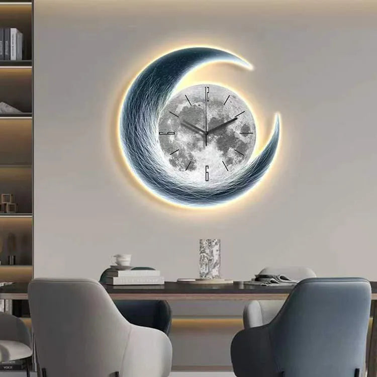 Modern Luxury Wall Clock with Night Light – Moon Design Decorative Clock for Living Room, Dining Room, and Home Decor