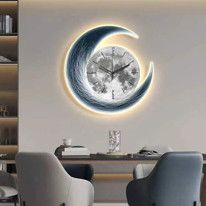 Modern Luxury Wall Clock with Night Light – Moon Design Decorative Clock for Living Room, Dining Room, and Home Decor