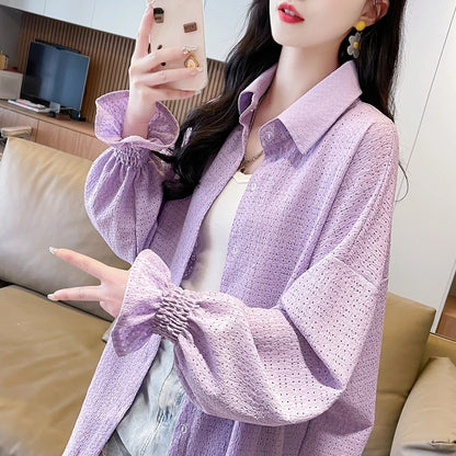 Women's Summer Loose Polo Collar Thin Cardigan – Breathable Sun Protection Coat & Medium-Long Shirt Glenda