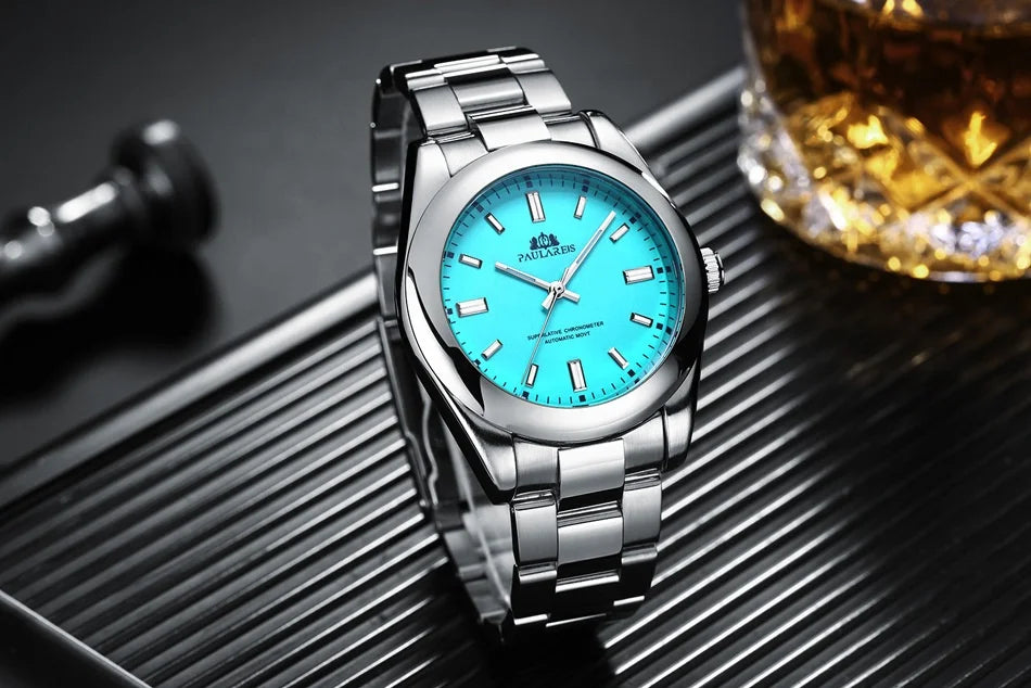 PAULAREIS Luxury Men’s Automatic Watch – Luminous Sky Blue Dial, Waterproof Mechanical Wristwatch with Stainless Steel Band Allen