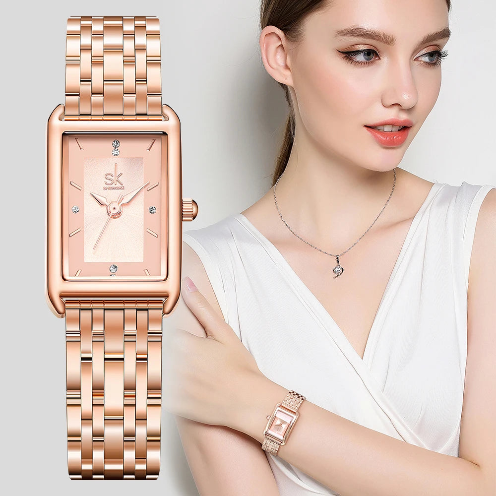 Shengke Luxury Ladies' Gold Watch - Fashion Steel Square Dial, Rectangle Design, Quality Brand Wristwatch Ruth