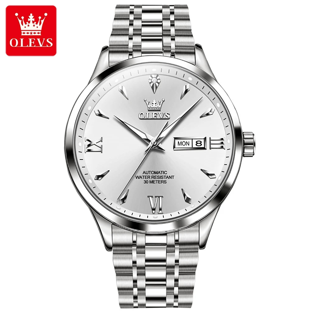 OLEVS 9956 Men's Automatic Watch - Stainless Steel, Waterproof, Mechanical, Double Calendar, Business Style