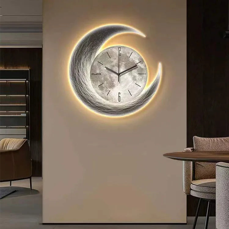 Modern Luxury Wall Clock with Night Light – Moon Design Decorative Clock for Living Room, Dining Room, and Home Decor