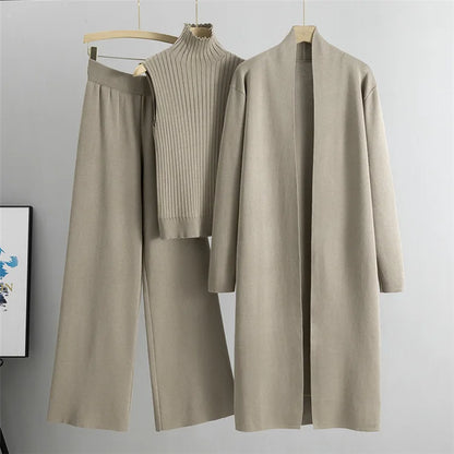 Casual Women’s 3-Piece Knitted Sweater Set – Vest, Long Cardigan, and Leggings | Stylish Loungewear & Outerwear for Women Leona