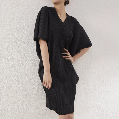 Summer Pleated V-Neck Dress | Miyake Style Mid-Length Loose Fit Plus Size Casual Women's Clothing Stella