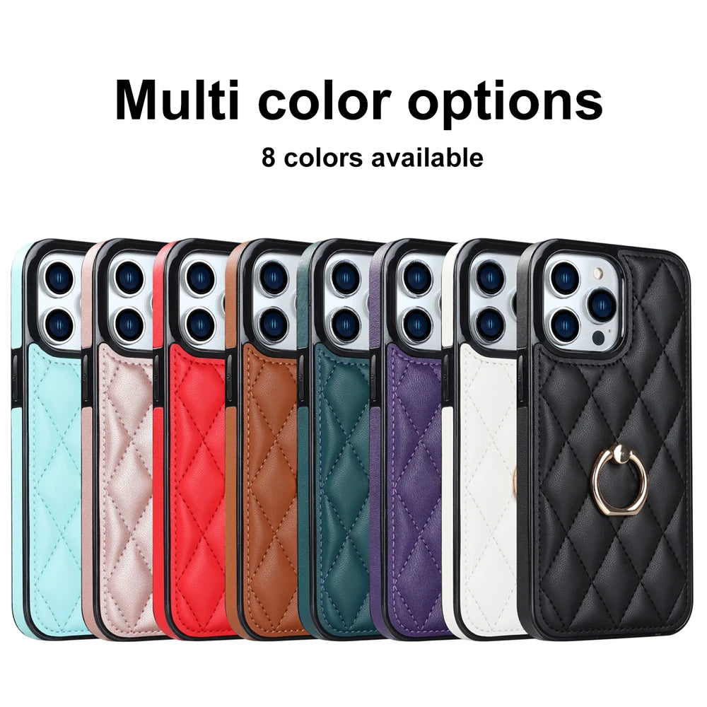 Luxury Leather Phone Case with Rotating Metal Ring | Shockproof Cover for iPhone 14, 13, 12, 11 Pro Max