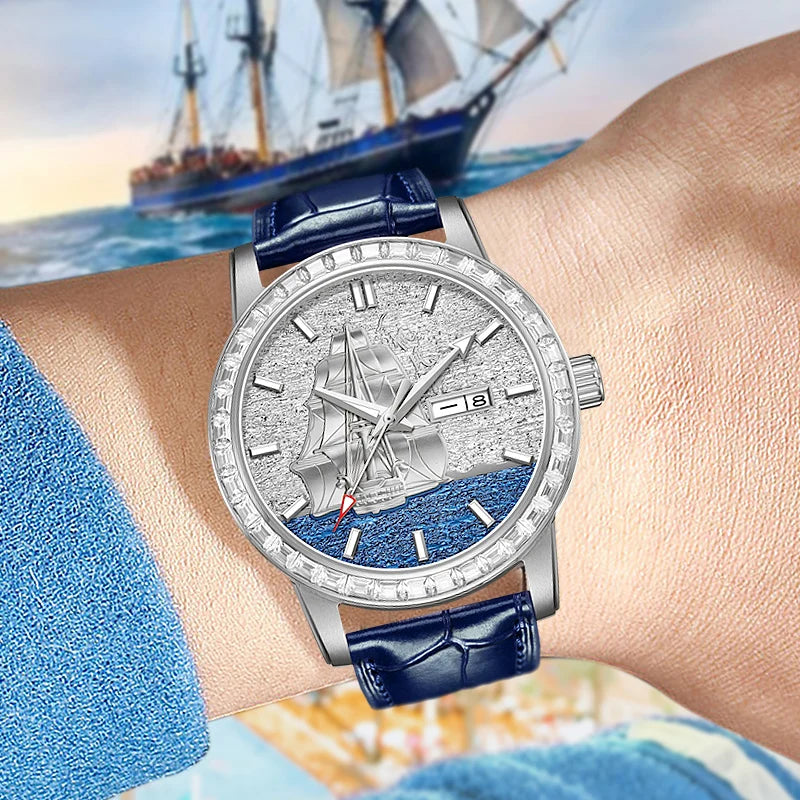 HANBORO Men’s Automatic Mechanical Watch – Smooth Sailing Series, Sailboat Design, Calendar Display Maedric