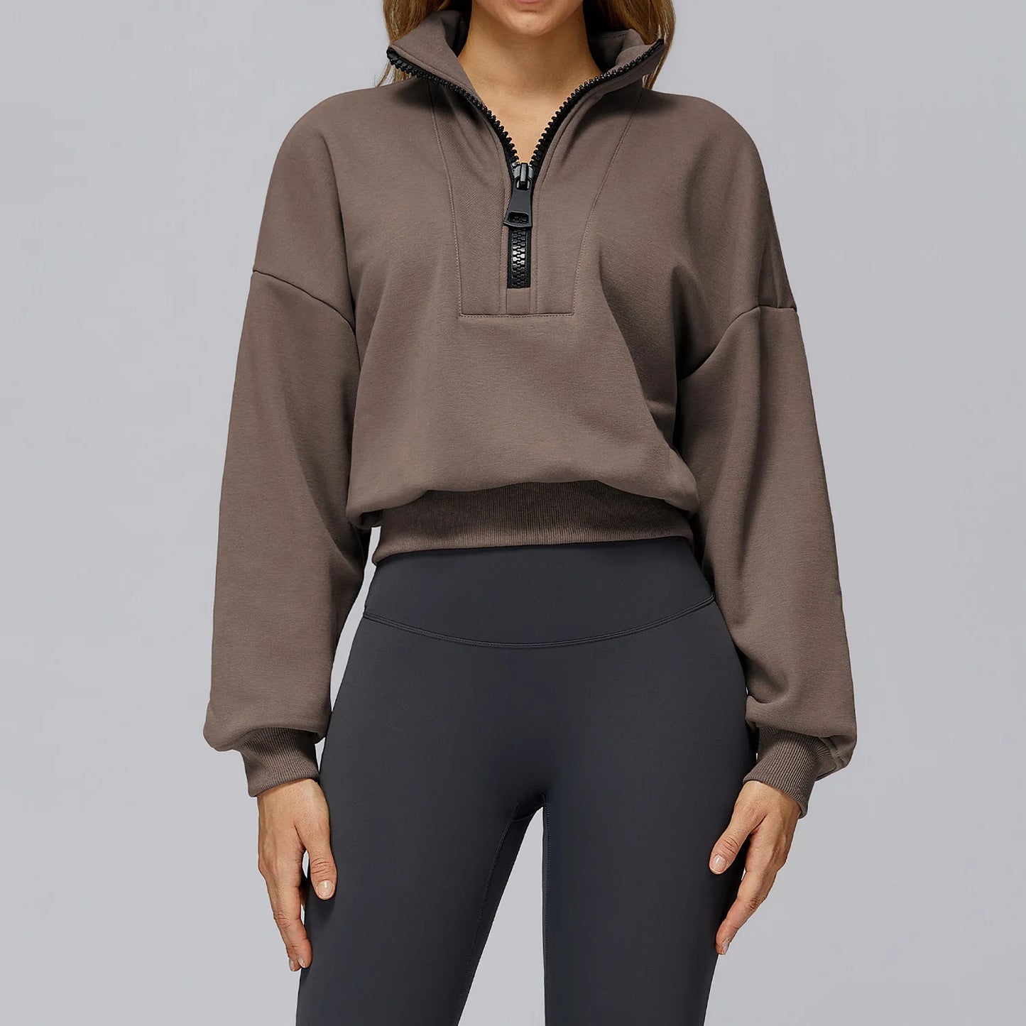 Women's Half-Zip Long Sleeve Fleece Jacket – Breathable, Stylish Crop Top for Yoga & Gym Russet