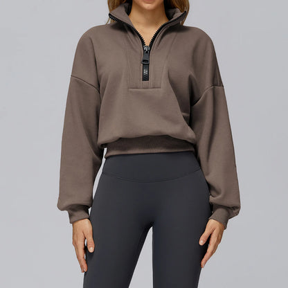 Women's Half-Zip Long Sleeve Fleece Jacket – Breathable, Stylish Crop Top for Yoga & Gym Russet