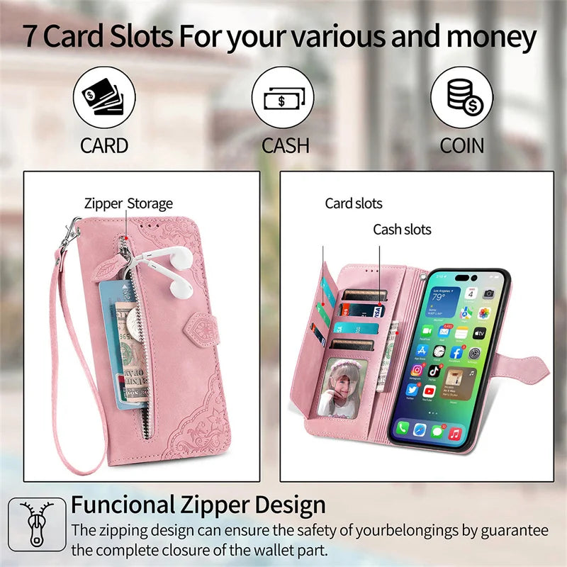 Luxury PU Leather Wallet Phone Case | Zipper Card Holder with Butterfly Flower Design & Strap for iPhone 16, 15, 14 Pro and Samsung