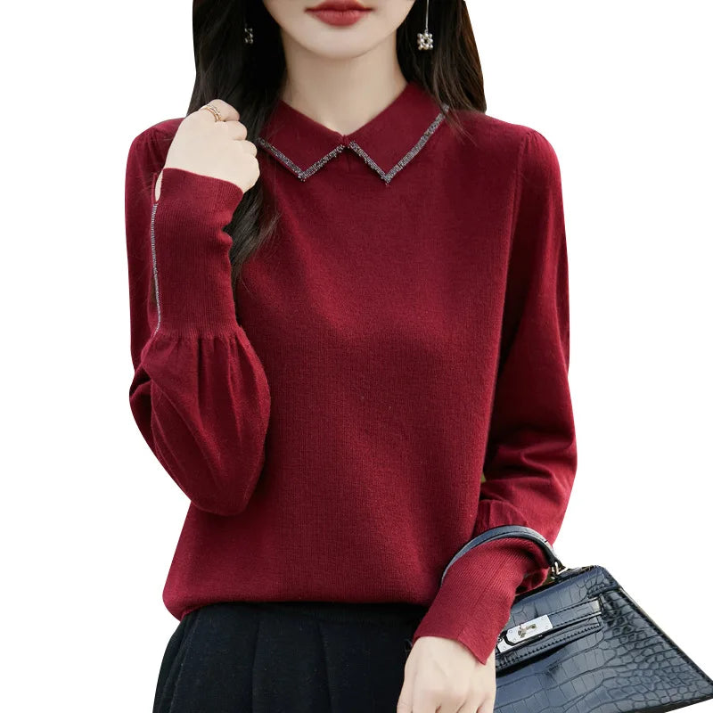 Women’s Autumn Lantern Sleeve Knitted Sweater – Casual Versatile Pullover with Fashion Collar