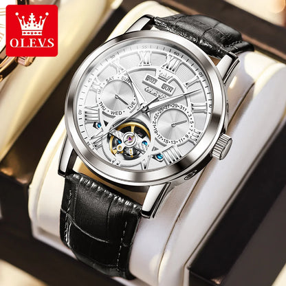 OLEVS 6668 Men's Mechanical Watch - Luxury Business Wristwatch with Genuine Leather Band, Waterproof and Luminous Design