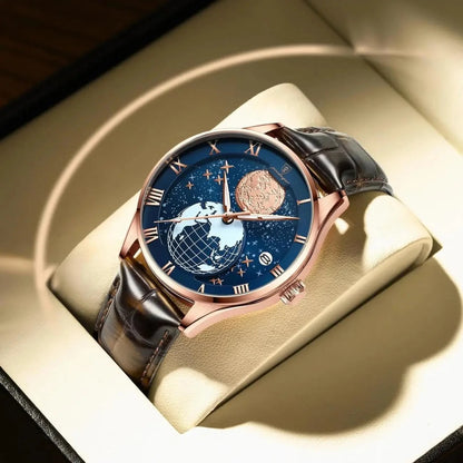 POEDAGAR 803 Men's Quartz Watch – Fashion Leather Strap Waterproof Wristwatch with Globe Dial, Automatic Calendar, and Trendy Design Nicolas