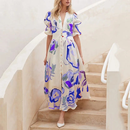 Women Summer Casual Chiffon Floral Print V Neck A-line Maxi Long Beach Women Elegant Dress