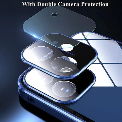 Magnetic 360° Full Cover Metal Frame Phone Case | Double-Sided Tempered Glass HD Cover for iPhone 15, 14, 13 Pro Max