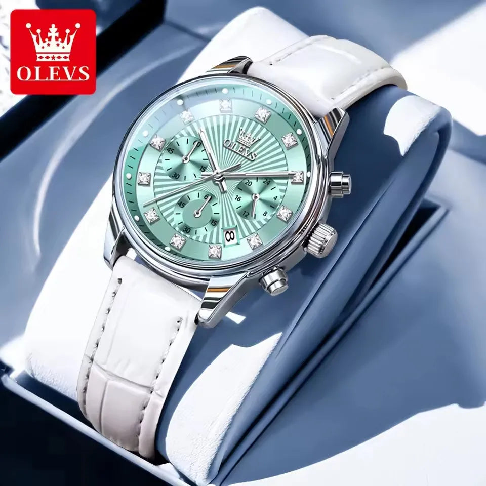 OLEVS 3669 Women's Quartz Watch – Multifunctional Elegant Wristwatch with White Leather Band, Calendar, and Luminous Hands – Perfect Gift for Ladies