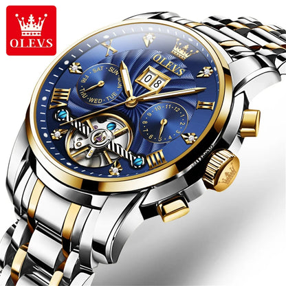 OLEVS 9910 Men's Luxury Tourbillon Watch - Automatic Mechanical, Stainless Steel Strap, Waterproof, Luminous Dial, Auto Date Display, Business Style