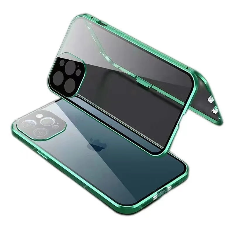 Magnetic 360° Full Metal Frame Phone Case – Double-Sided Tempered Glass HD Cover for iPhone 15, 14, 13 Pro Max