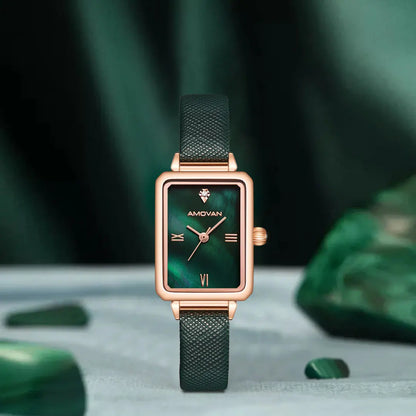 Luxury Retro Green Ladies Watch - Square Case, Minimalist Leather Strap, Seiko Movement Kate