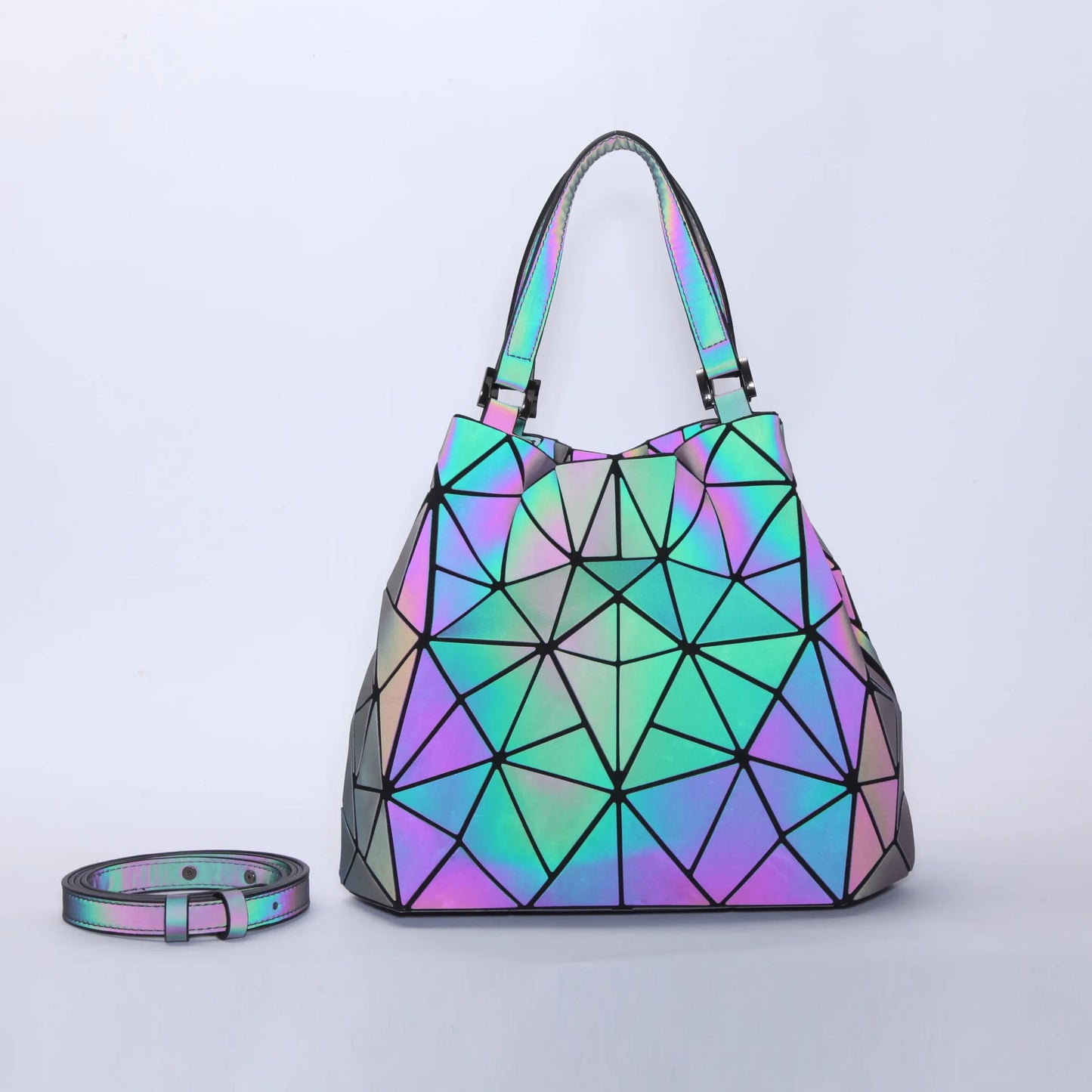 Reflective Geometric Handbag - Customizable Bucket Bag with Luminous Folding Design Dahlia